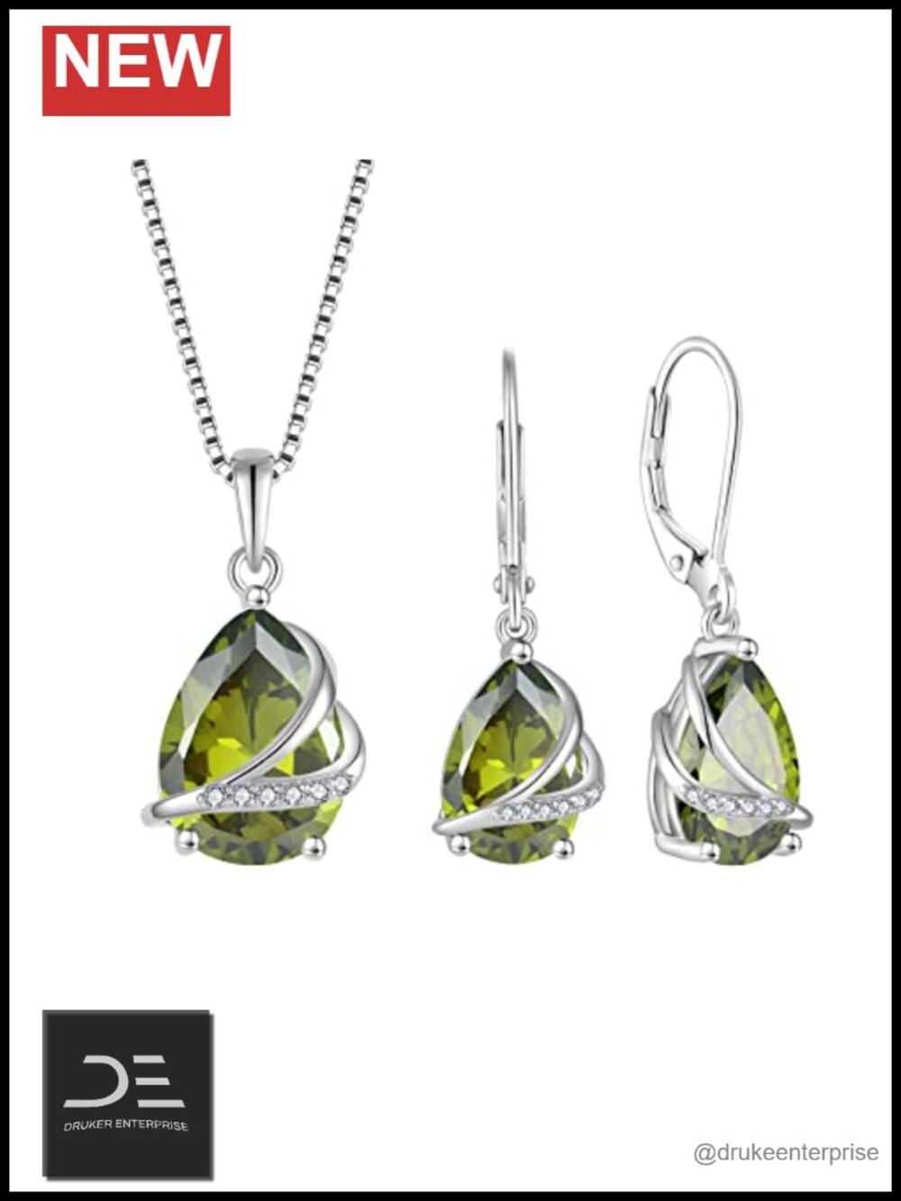 925 Sterling Silver Peridot Necklace & Earrings Jewelry Set for Women August